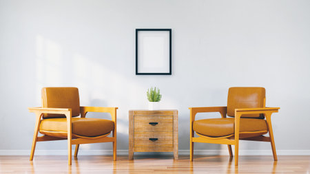 Mockup frame on table in living room interior on empty white wall background. 3D Rendering