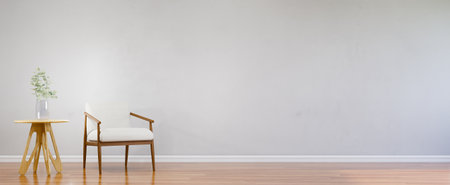 Minimal interior armchair zen style wooden chair in front of empty white wall. 3D Renderingの写真素材