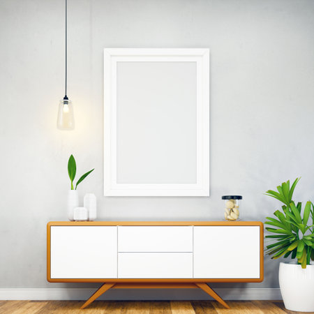 Mockup frame on table in living room interior on empty white wall background.の写真素材