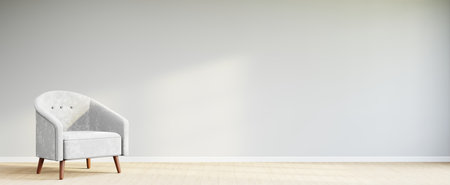 Living room style minimal with armchair on empty white wall background. 3D Renderingの写真素材