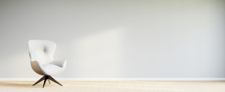 Living room style minimal with armchair on empty white wall background. 3D Renderingの写真素材