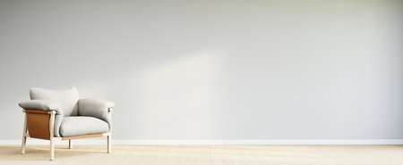 Living room style minimal with armchair on empty white wall background. 3D Renderingの写真素材