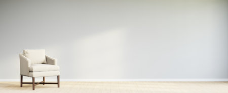 Living room style minimal with armchair on empty white wall background. 3D Renderingの写真素材