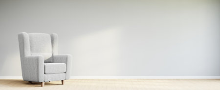 Living room style minimal with armchair on empty white wall background. 3D Renderingの写真素材