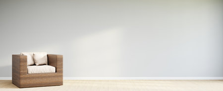Living room style minimal with armchair on empty white wall background. 3D Renderingの写真素材
