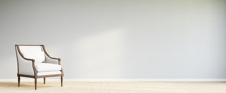 Living room style minimal with armchair on empty white wall background. 3D Renderingの写真素材