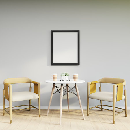 Mockup frame on table in living room interior on empty white wall background. 3D Renderingの写真素材