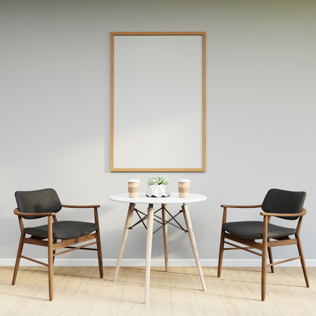 Mockup frame on table in living room interior on empty white wall background. 3D Renderingの写真素材