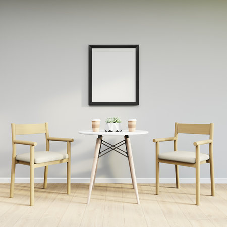 Mockup frame on table in living room interior on empty white wall background. 3D Renderingの写真素材