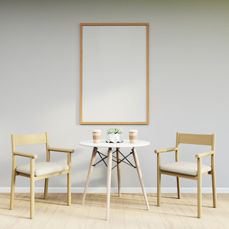 Mockup frame on table in living room interior on empty white wall background. 3D Renderingの写真素材