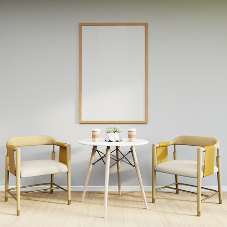 Mockup frame on table in living room interior on empty white wall background. 3D Renderingの写真素材