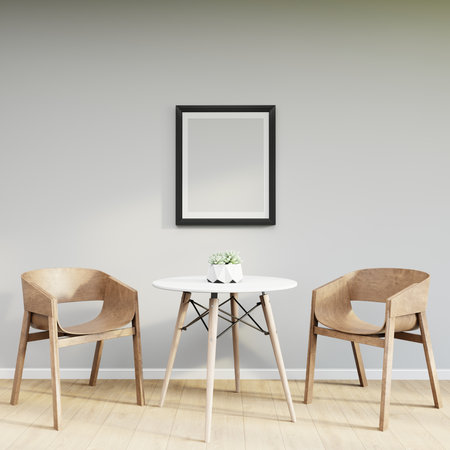 Mockup frame on table in living room interior on empty white wall background. 3D Renderingの写真素材