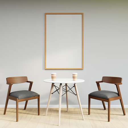 Mockup frame on table in living room interior on empty white wall background. 3D Renderingの写真素材