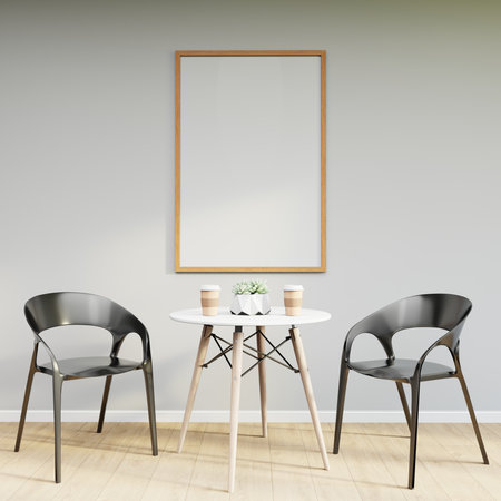 Mockup frame on table in living room interior on empty white wall background. 3D Renderingの写真素材