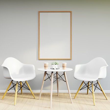 Mockup frame on table in living room interior on empty white wall background. 3D Renderingの写真素材