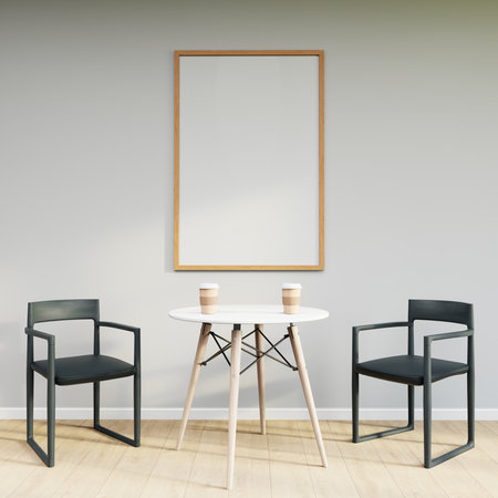 Mockup frame on table in living room interior on empty white wall background. 3D Renderingの写真素材