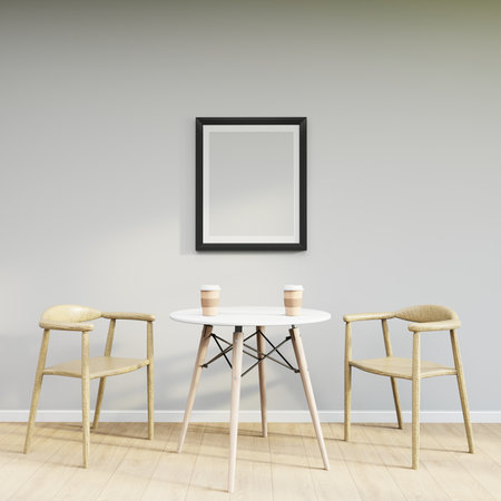 Mockup frame on table in living room interior on empty white wall background. 3D Renderingの写真素材