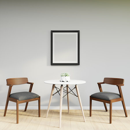 Mockup frame on table in living room interior on empty white wall background. 3D Renderingの写真素材