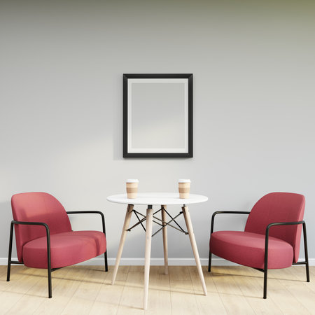 Mockup frame on table in living room interior on empty white wall background. 3D Renderingの写真素材