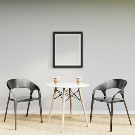 Mockup frame on table in living room interior on empty white wall background. 3D Renderingの写真素材