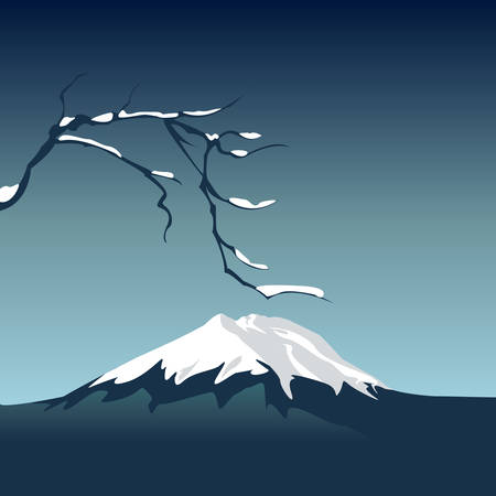 Mountain under the snow and a branch of sakuraのイラスト素材