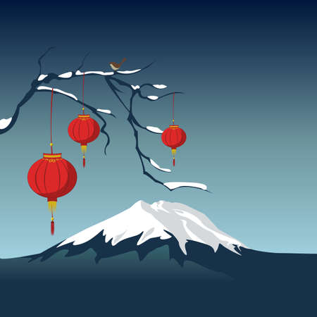 Mountain under the snow and lanterns on a branch of sakuraのイラスト素材