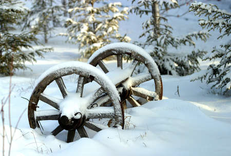 Wheels of a cart in snowの写真素材