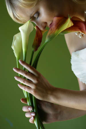 Five andamp,ntilde,allas in hands of the beautiful bride on a green backgroundの写真素材