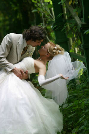 The groom and the bride kissed in parkの写真素材