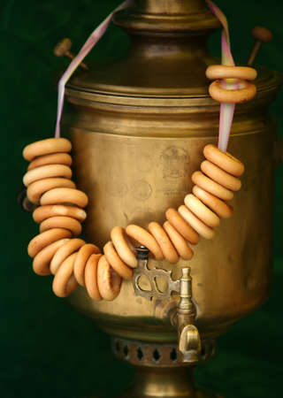 Pretzels on a cord and an old samovarの写真素材
