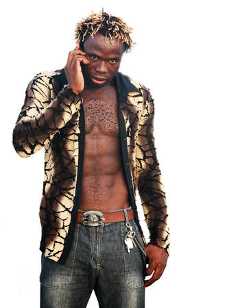 Portrait young African men with the phoneの写真素材