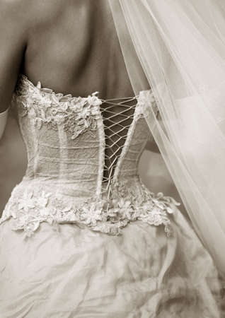 Backside of a beautiful dress of a brideの写真素材