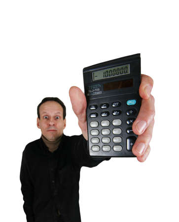 Adult man in black suit with calculator in hand on white background