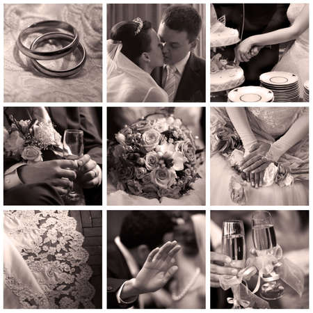 Collage of nine wedding photos in sepiaの写真素材