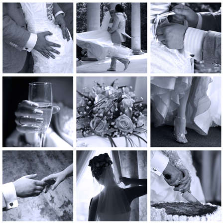 Collage of nine wedding photos in gentle - blue toneの写真素材
