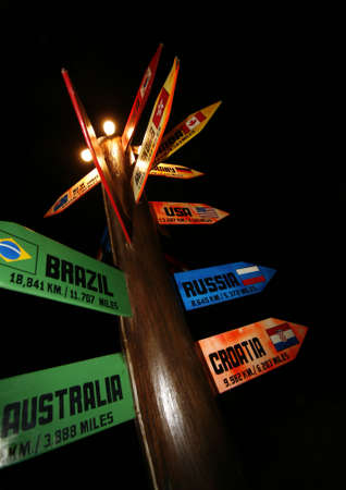 Closeup of a signboard with directions to everywhereの写真素材