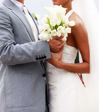 Wedding bouquet from tulips and callasの写真素材