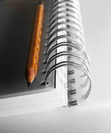 Sheets on the big rings and yellow pencil close-upの写真素材