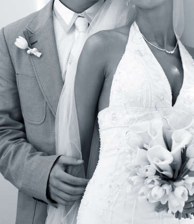 Newly-married couple. B/w + blue tone