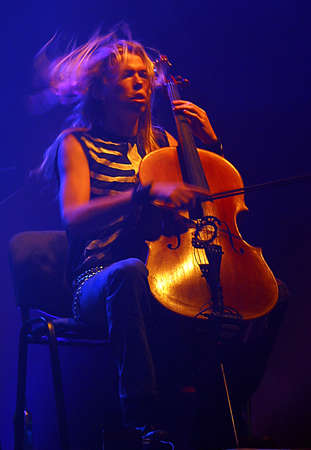 RUSSIA, MOSCOW - 07 NOVEMBER: Concert of cult Finnish group "Apocalyptica" In a night club "DK Gorbunova" on photo Eicca Toppinen in Moscow 07 november 2005, Russiaのeditorial素材