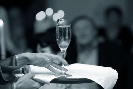 Glass with champagne. b/w + blue toneの写真素材