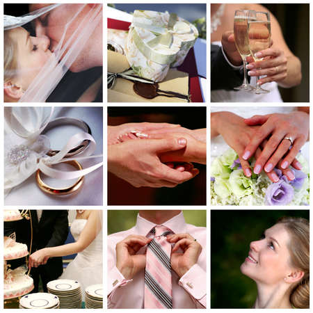 Collage of nine wedding photos in gentle - blue toneの写真素材