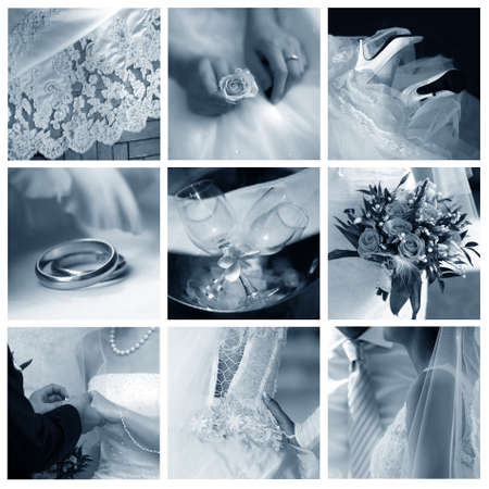 Collage of nine wedding photos in gentle - blue toneの写真素材