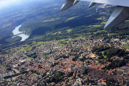 Suburb of Milan through a window of the planeの写真素材