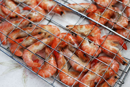 Freshwater prawn seafood. Preparation for a grillの写真素材