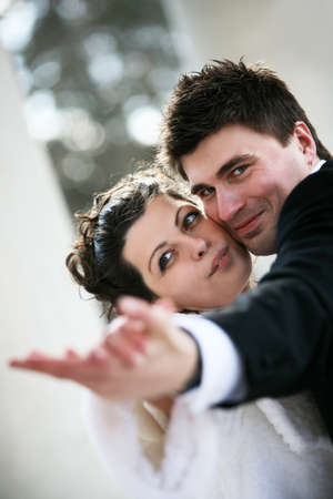 Dance of a newly-married couple in parkの写真素材