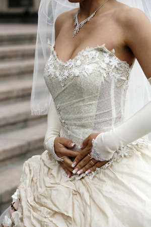 Detail of a silk wedding dressの写真素材