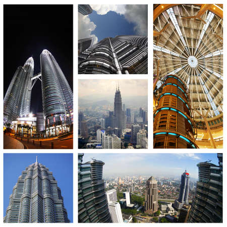 Collage from 6 photos Petronas Twin Towers in Kuala Lumpur. Malaysiaのeditorial素材