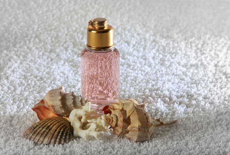 Accessories for a bath with cockleshells on a white backgroundの写真素材