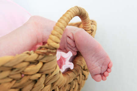 Closeup of newborn baby in basketの写真素材